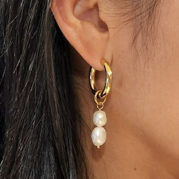 18K Gold Plated Stainless Steel Hoop Freshwater Pearl Beads Dangle Drop Earrings - Picture 1 of 9